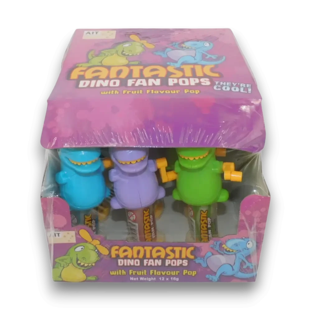 Fantastic Dino Fan Pops novelty dinosaur fan and fruit flavoured lollipop assortment in display box, available at The Professors