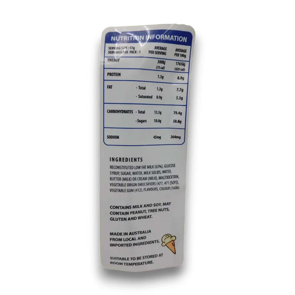 Nutritional panel of The Professors - Crunchy Ice Cream - Vanilla (17g bag).